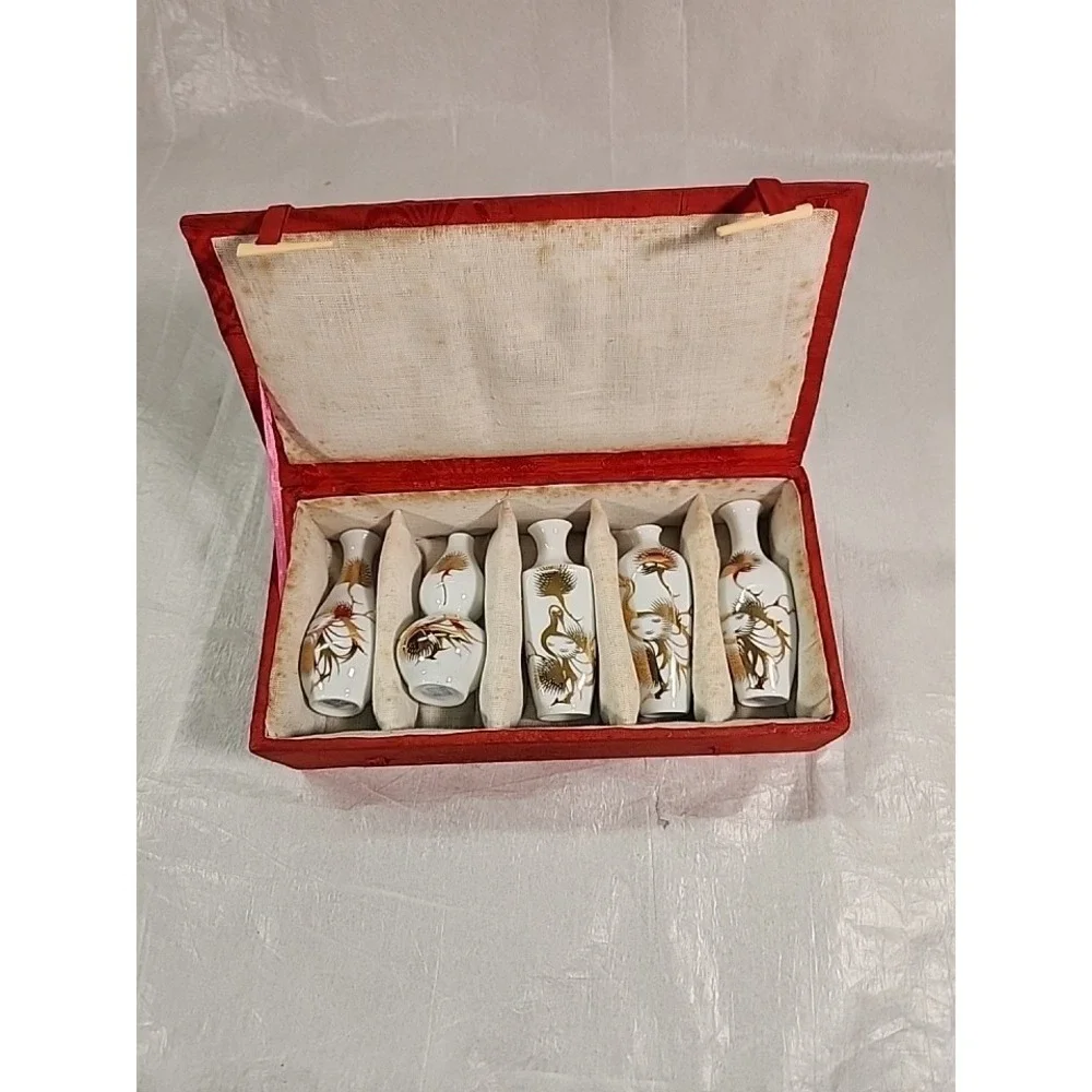 Vintage Jingdezhen Chinese Miniature Porcelain Bud Vase Set 5pc Gold Crane Box